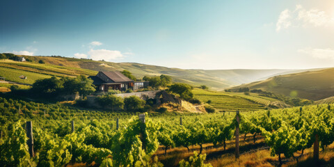 Vineyard landscape with an old winery building on a hill on a sunny day. Rows of grapes. Generative AI