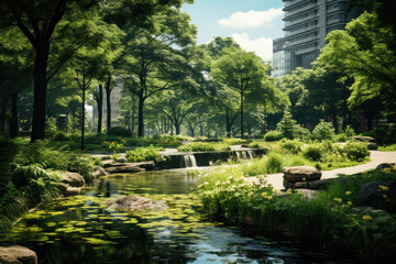 Fototapeta na wymiar Urban Oasis: A Tranquil Green Space Amidst the City