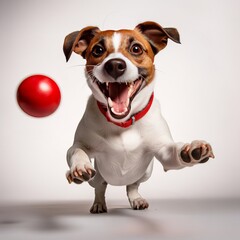 Small happy dog jack russell  playing with pet toy ball