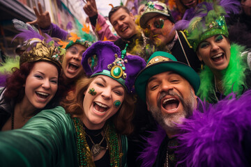Mardi gras concept - happy people celebrate and dance during the parade outside - obrazy, fototapety, plakaty