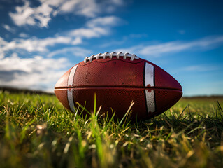 American football ball is lying on the grass