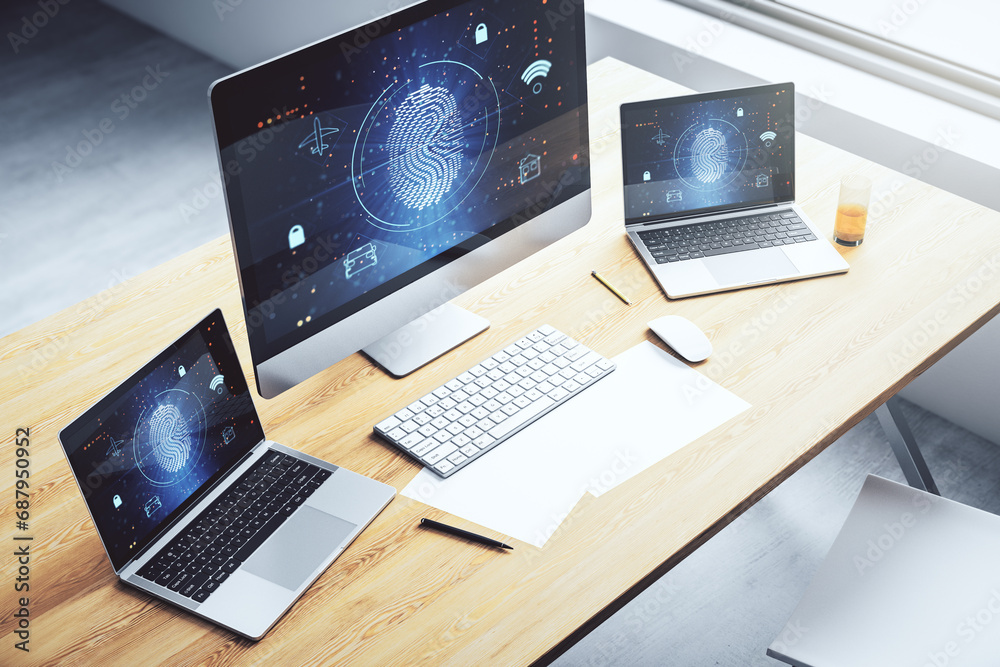 Poster Modern computer monitor with abstract creative fingerprint hologram, research and development concept. 3D Rendering