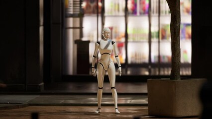 female robot staying on a street in a big city and looking around. humanoid AI robot among people. 3d animation. future concept