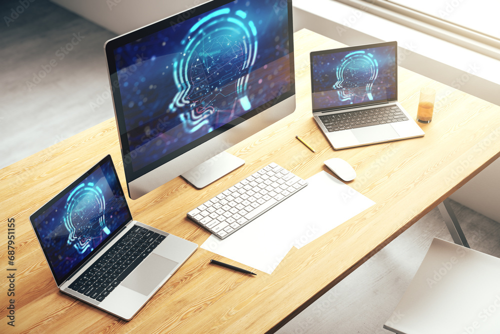 Aufkleber Creative artificial Intelligence concept with human head sketch on modern computer monitor. 3D Rendering