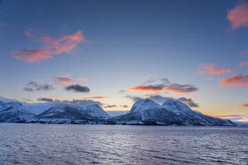 Winter light over the landscape in Lurøy at the Helgeland coast, Nordland, Norway