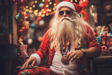 Retro hippie Santa Claus in a colorful costume.