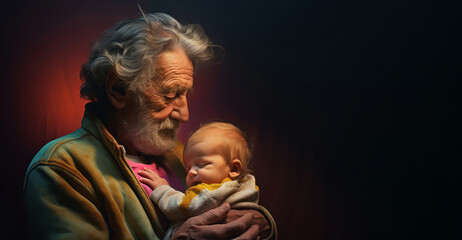Grandpa hold grandson in arms. Copy space. - obrazy, fototapety, plakaty