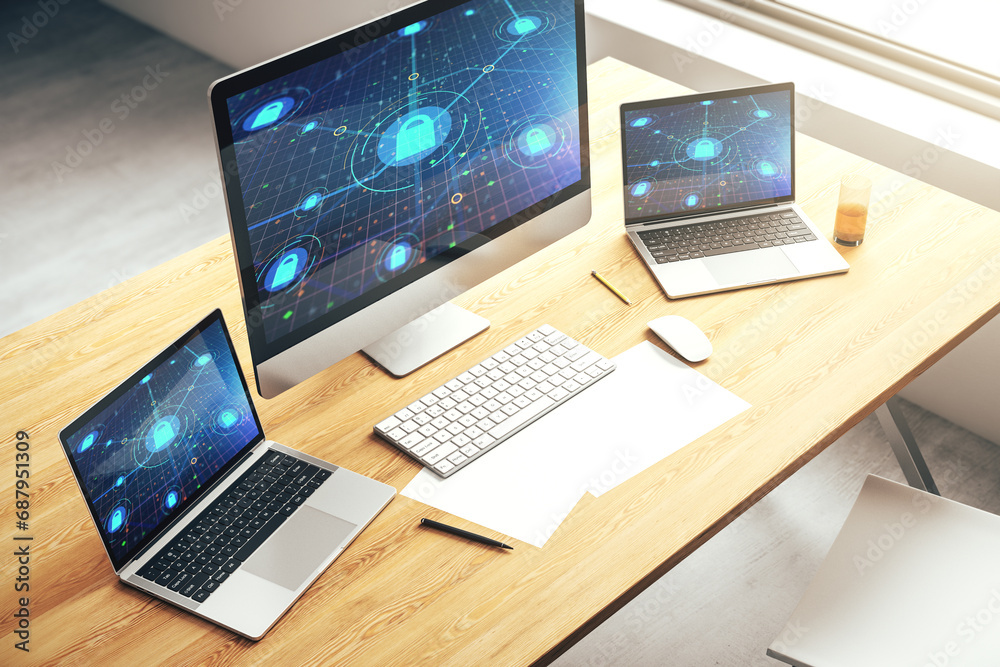 Poster Modern computer monitor with creative lock hologram and chip. Information security concept. 3D Rendering