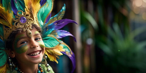 Mardi gras concept - happy child during Mardi gras parade outside wears costume - obrazy, fototapety, plakaty