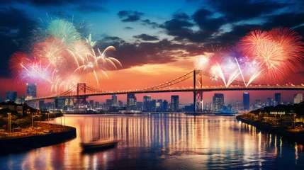 Fireworks over city river in the evening of New Year's Eve © Robert Kneschke