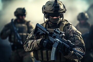 Fototapeta premium Army soldiers in Protective Combat Uniform holding Special Operations Forces Combat Assault Rifle