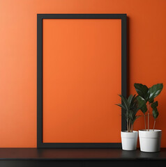 mock up poster frame in modern interior with orange background