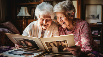 Elderly lesbian couple looking through old photo albums - obrazy, fototapety, plakaty