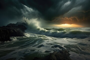 Dramatic sky with stormy seascape waves and ominous clouds in the sky.