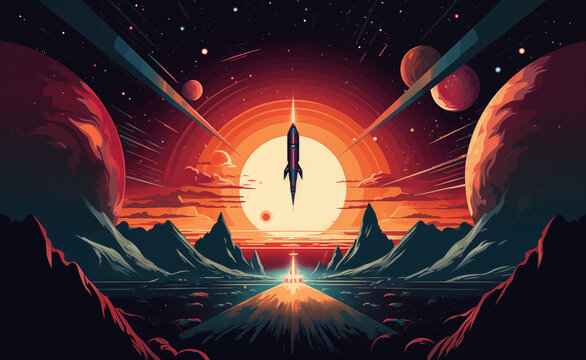 Retro poster featuring a space rocket flying through a mesmerizing black hole. Capture the vintage aesthetic with a cosmic backdrop, galactic nebula, and detailed rocketship.