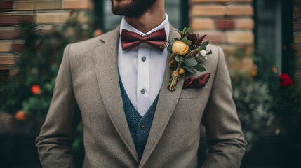 Grooms chic floral boutonniere enhances wedding style - obrazy, fototapety, plakaty