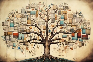 Tree of knowledge with branches bearing symbols representing various fields of study.