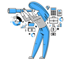 Business person collecting data for analysis and searching for opportunities looking in spyglass telescope vector outline illustration, entrepreneur analyzes financial chats.
