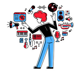 Music producer composing new track vector outline illustration, sound engineer doing his job in recording studio, composer creating audio mix.