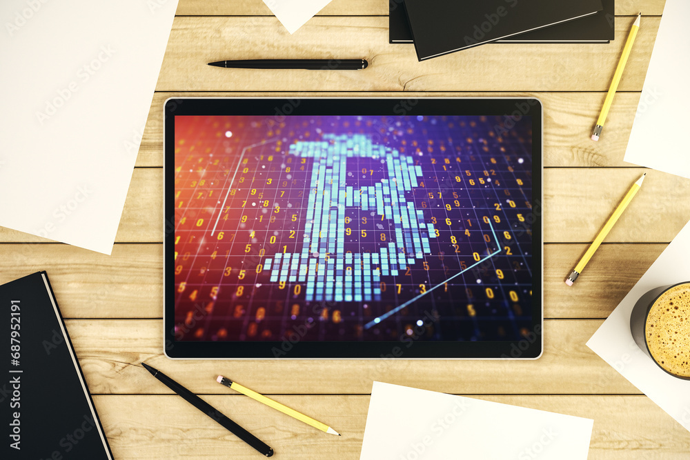 Poster Modern digital tablet monitor with creative Bitcoin symbol. Cryptocurrency concept. Top view. 3D Rendering