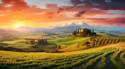 Foto op Canvas Beautiful and miraculous colors of spring panorama landscape of Tuscany, Italy. Tuscany landscape with grain fields, cypress trees and houses on the hills at sunset  © Boraryn