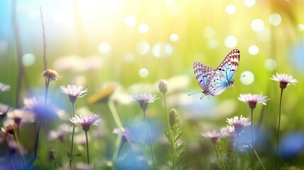 Beautiful wild flowers background with butterfly on sunny spring meadow. Luminous blurred background with light bokeh