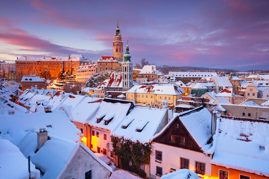 Cesky Krumlov, Czech Republic. Aerial cityscape image of Cesky Krumlov, Czech Republic at beautiful winter sunset.