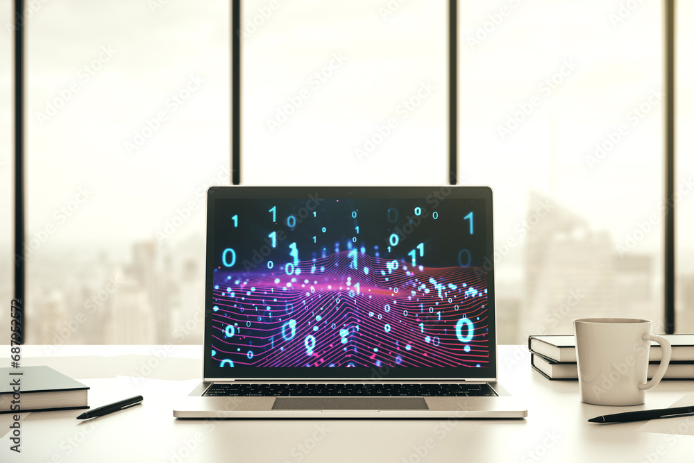 Aufkleber Creative abstract binary code hologram on modern computer monitor, AI and machine learning concept. 3D Rendering
