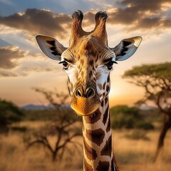 Close up shot of giraffe head. Giraffe on the background of the savannah
