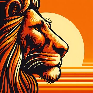 Lion in the Sunset. A lion's head in profile with an orange background and a yellow horizon line.