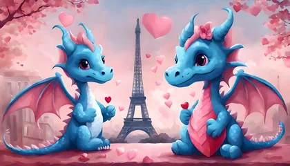 Foto op Canvas Cute dragons celebrating Valentine's day in Paris near Eifel tower cartoon © Khrystyna