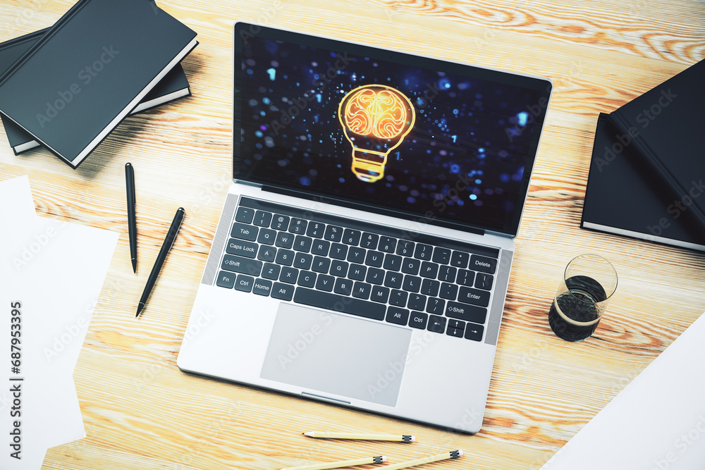 Poster Creative idea concept with light bulb and human brain illustration on modern laptop screen. Neural networks and machine learning concept. 3D Rendering