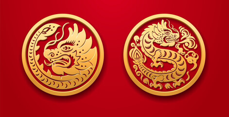 Red dragon zodiac symbol, Chinese New Year 2024 round banner or coin with lunar character. Asian horoscope decoration for spring festival, greeting card and tattoo design element, lunar calendar sign - obrazy, fototapety, plakaty