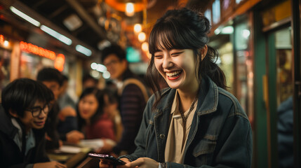young asian woman using mobile phone in the city, lifestyle people concept