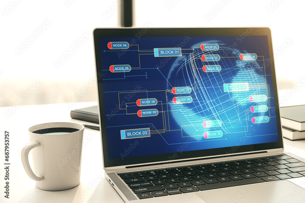 Aufkleber Modern computer display with abstract programming language hologram and world map, artificial intelligence and neural networks concept. 3D Rendering
