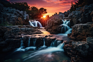 Illuminated Waterfall in Twilight Ambience