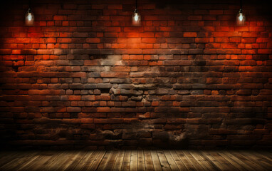 Vintage textured red brick wall with spotlight shining in the center, ideal for backgrounds or as a...