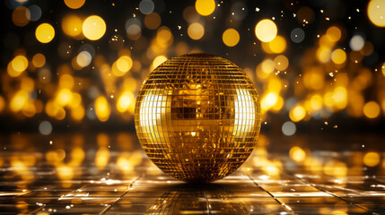 Fototapeta na wymiar Glittering disco ball reflecting golden light beams on the dance floor, creating a dazzling spectacle and festive atmosphere perfect for celebrations and parties