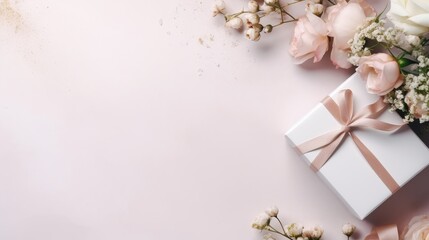 a gift or present box alongside flowers on a light table, captured from a top view, a greeting card and arrange the composition in a minimalist,