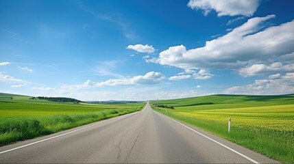 Fototapeta premium a straight country road amidst green farmland natural scenery, emphasizing a composition in a minimalist and modern style.