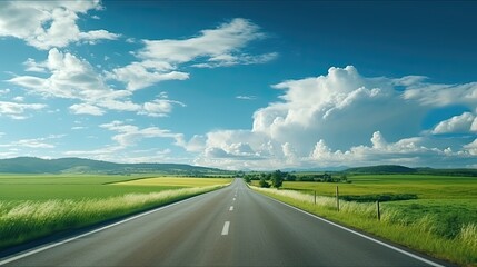 a straight country road amidst green farmland natural scenery, emphasizing a composition in a minimalist and modern style.