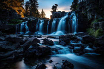 Illuminated Waterfall in Twilight Ambience