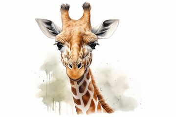 Fototapeta premium Watercolor illustration of a giraffe head isolated on white background. AI generative