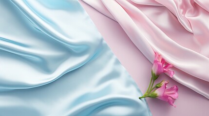 pink, peach, white, blue, turquoise, or purple silk satin with elegant folds in the fabric, a light, luxurious background, presented in a table-top view, flat lay style.