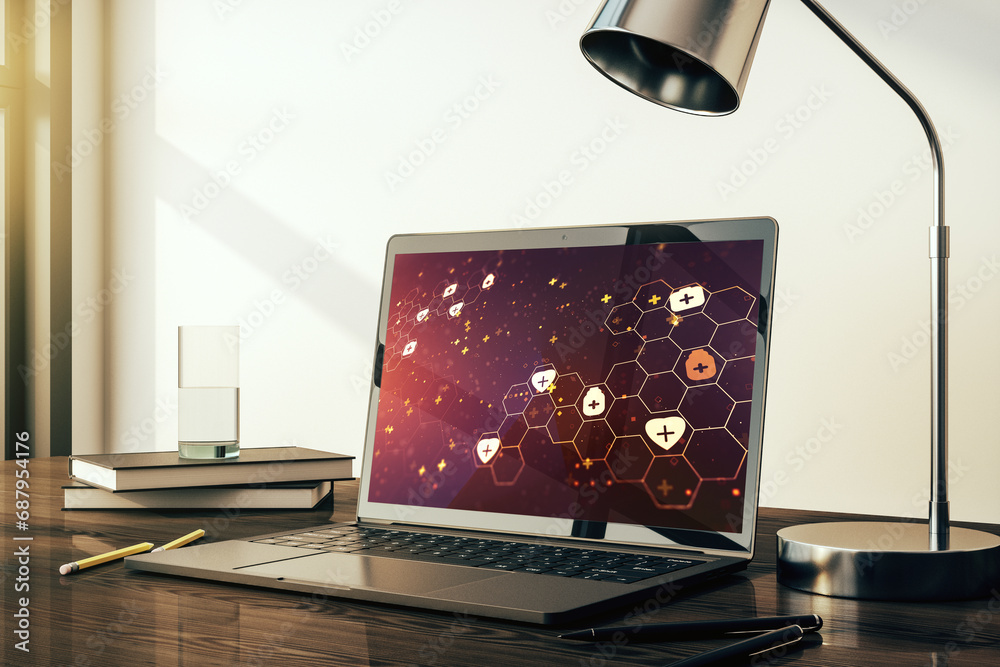 Poster Creative abstract medical hologram on modern computer monitor, online medical consulting concept. 3D Rendering