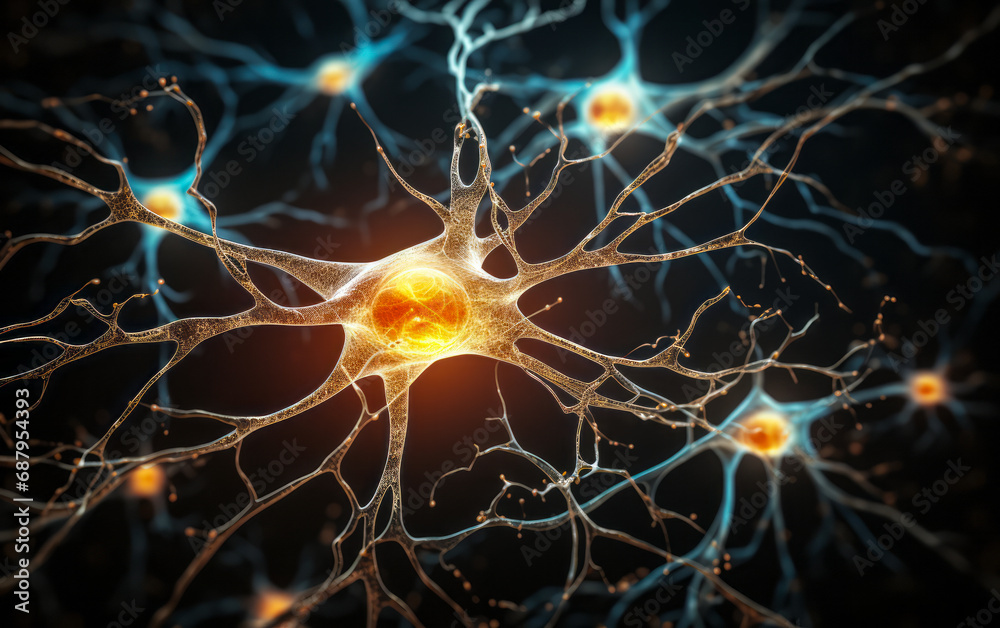 Poster digital illustration of a neuron cell with detailed dendrites and axon on a dark background, represe