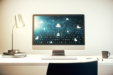 Modern computer monitor with social network icons concept. Marketing and promotion concept. 3D Rendering