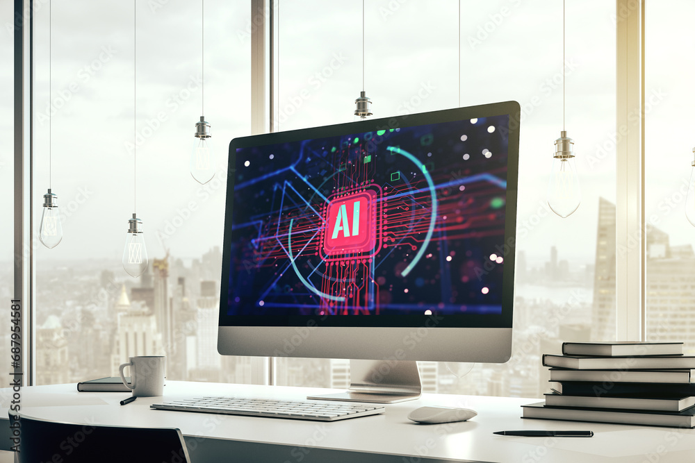 Poster Computer monitor with creative artificial Intelligence abbreviation. Future technology and AI concept. 3D Rendering