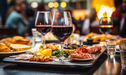 Close-up of a glass of red wine on a bar table with blurred people and charcuterie board in the background at a cozy wine tasting event - obrazy, fototapety, plakaty