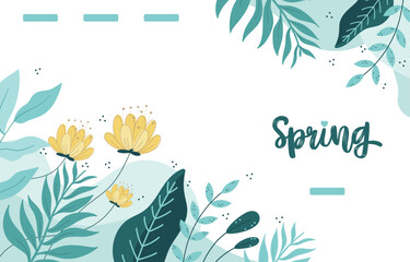 Fototapeta na wymiar Spring background, Spring flowers and leaves. Abstract natural line arts. Organic shape. Design background for social media post, cover, web page and wallpaper